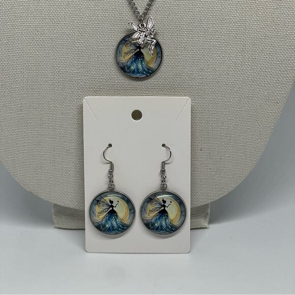 Hand Crafted Blue Yellow Silver Fairy Pendant Necklace & Earring Set NWT OS - Picture 3 of 6